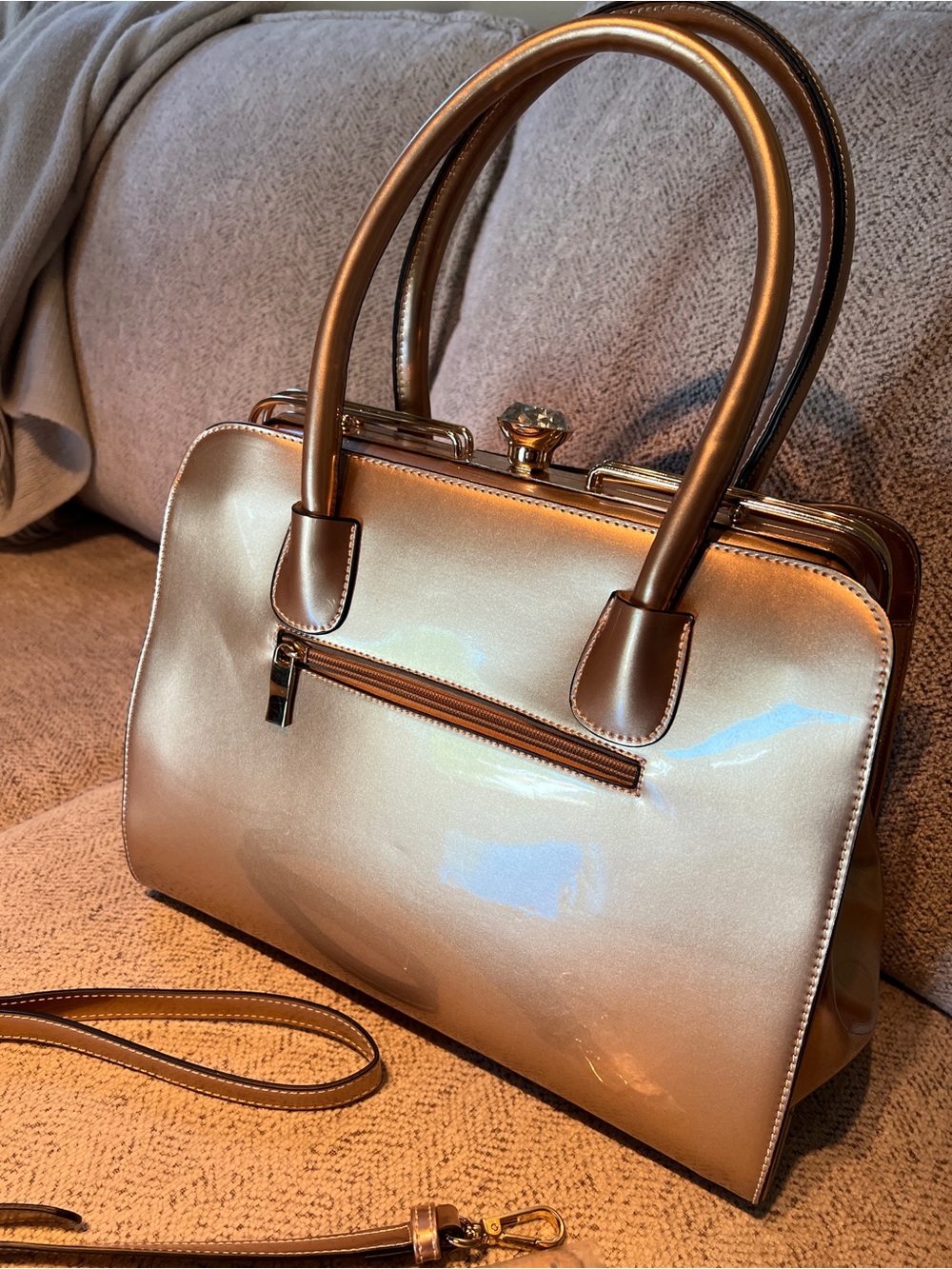 Large Champagne Gold Crystal Clasp Satchel Purse - Picture 3 of 7